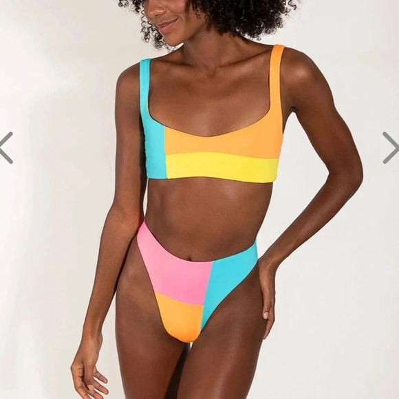 NWT OneOne Swimwear SET Bikini Cockatoo Anastasia Lourdes Colorblock Yellow Pink - Picture 3 of 16